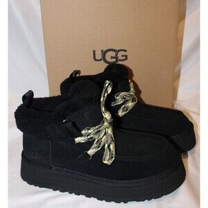UGG FUNKARRA CUFF SUEDE SHEEPSKIN PLATFORM SHOE BOOTS‎ WOMEN BLACK